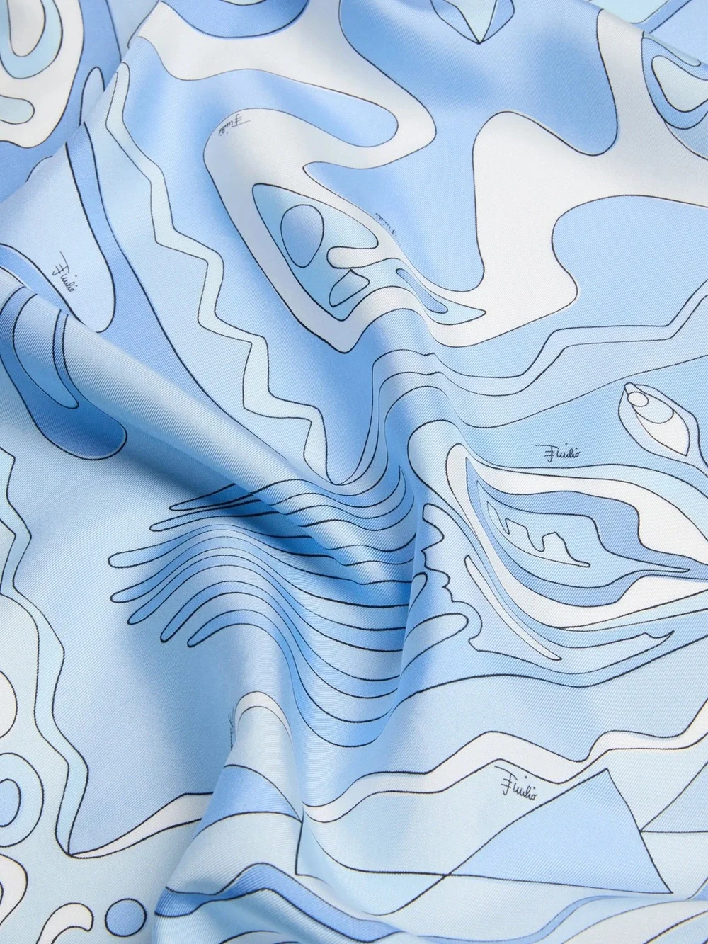 Blue Abstract Silk Scarf with White Accents
